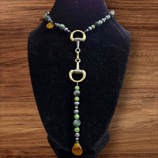 Tiger’s Eye & Kambaba Jasper Snaffle Bit Lariat Necklace | Western Statement Jewelry | Long Layering Necklace