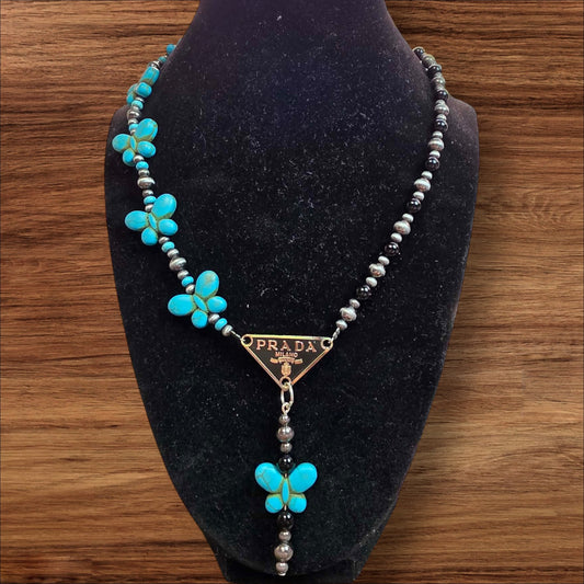 Turquoise Butterfly Lariat Necklace with Onyx | Western Boho Statement Necklace