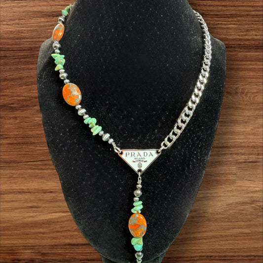 Genuine Turquoise & Coral Zinc Lariat Necklace with Chain Detail | Western Statement Necklace | Adjustable Boho Jewelry